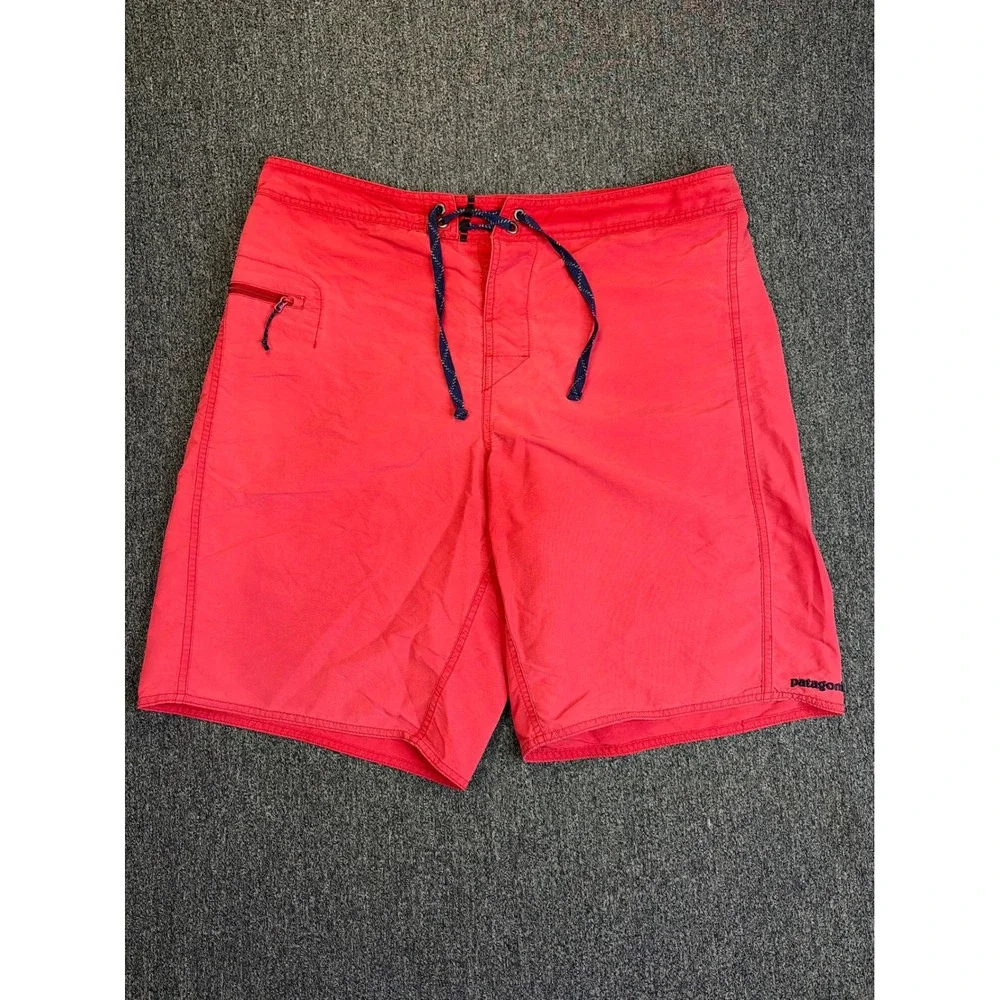 Patagonia Mens Red Board Shorts Swim Trunks Size 35‎ Nylon Lace Up Pocket